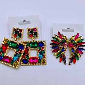 Glam earrings 2 pair Angel wings and square rhinestone new condition